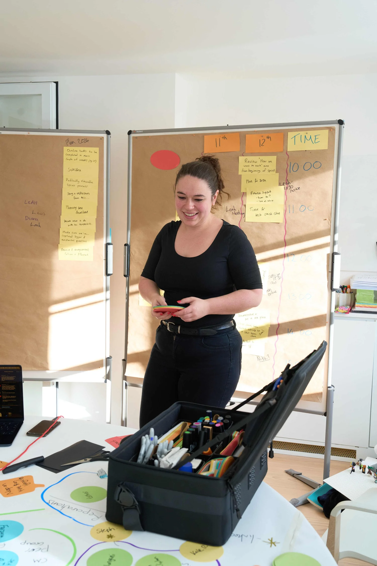 Camilla facilitating beside a visual working wall